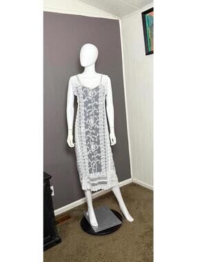2000's does 1920's White Embroidered Lace Lawn Dress size Large Sheer + Unlined